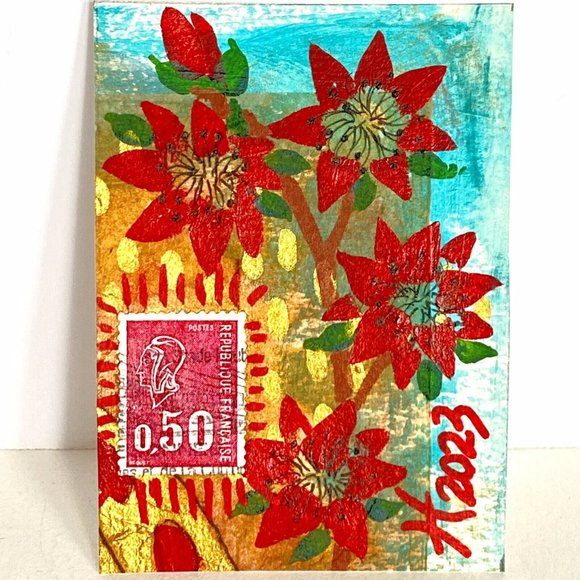 ACEO Original Acrylic Painting France Postage Stamp Art Tristina Dietz Elmes ATC - Picture 1 of 3